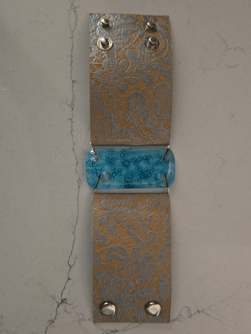 Source Unknown Blue and Silver Floral Leather Bracelet